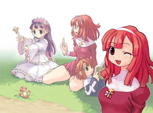 ryoji (nomura ryouji), culotte, eclair (la pucelle), prier, la pucelle, nippon ichi, lowres, 3girls, aged down, ecalir, multiple girls, red hair, thighs