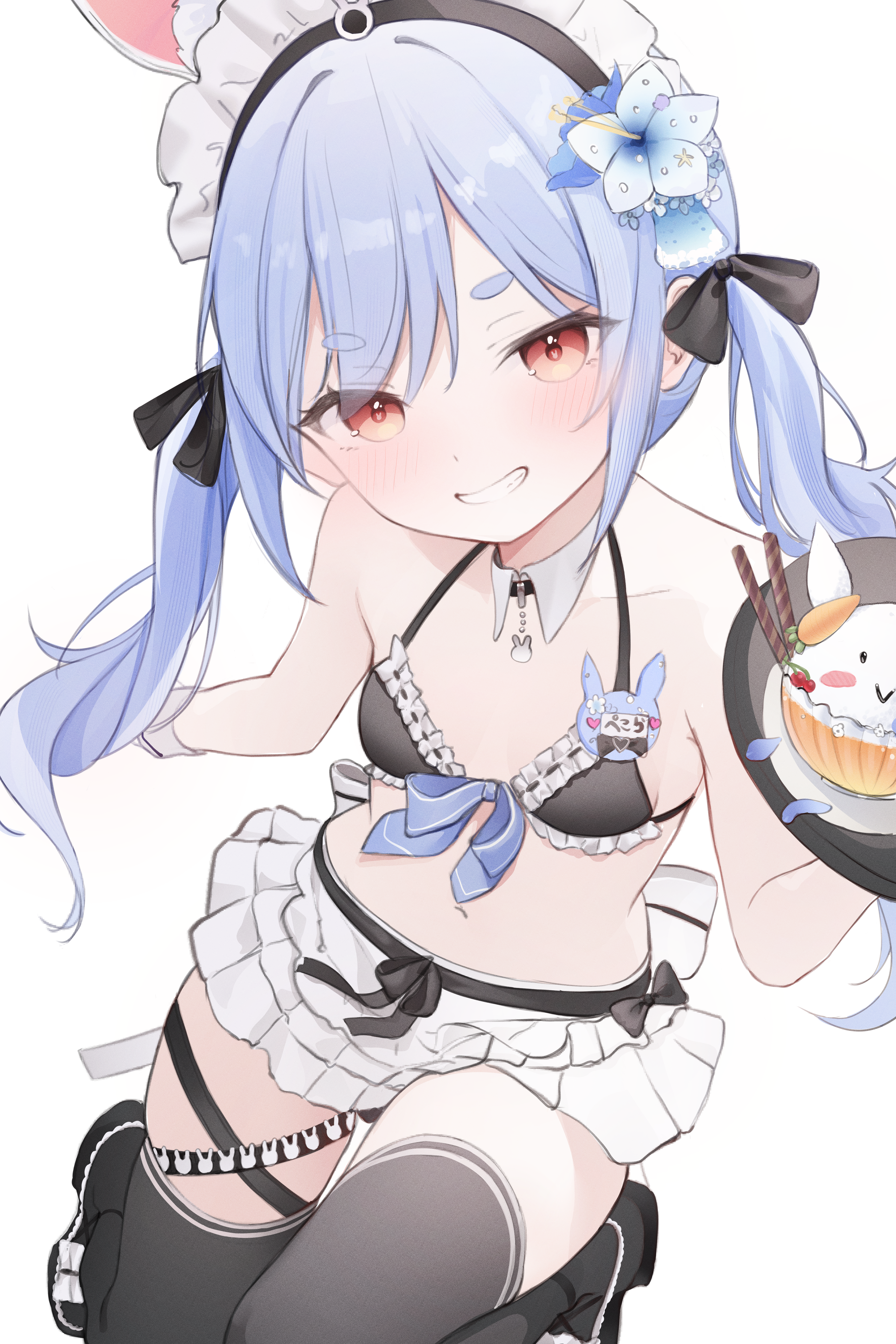 yumiewuri, usada pekora, usada pekora (holonatsu paradise), hololive, absurdres, highres, 1girl, animal ears, apron, bikini, black bikini, black shoes, blue hair, breasts, cleavage, detached collar, extra ears, frilled bikini, frilled thigh strap, frills, front-tie bikini top, front-tie top, grin, hikimayu, holding, holding tray, long hair, looking at viewer, maid, maid bikini, maid headdress, multicolored hair, navel, official alternate costume, rabbit-shaped pupils, rabbit ears, rabbit girl, red eyes, shoes, short eyebrows, simple background, small breasts, smile, solo, swept bangs, swimsuit, symbol-shaped pupils, thick eyebrows, thigh strap, thighhighs, tray, twintails, two-tone hair, unconventional maid, virtual youtuber, waist apron, white background, white hair, wrist cuffs