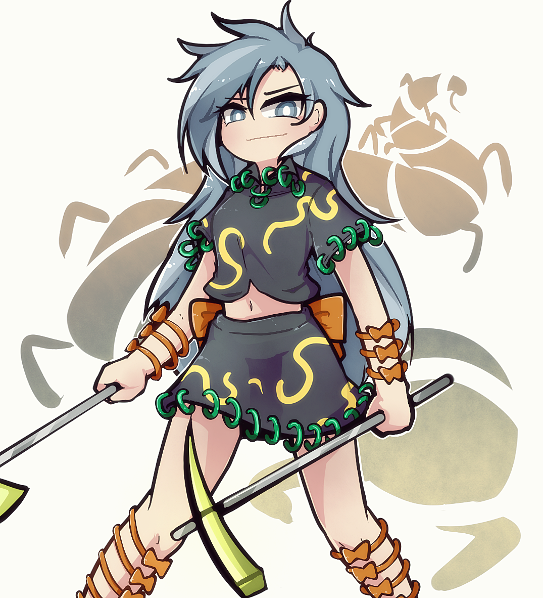 dagger131134 (kama astor), himemushi momoyo, touhou, unconnected marketeers, 1girl, bug, centipede, grey eyes, grey hair, holding, holding pickaxe, jewelry, long hair, looking at viewer, multiple arm straps, orange ribbon, pickaxe, ribbon, ring, shirt, skirt, smile