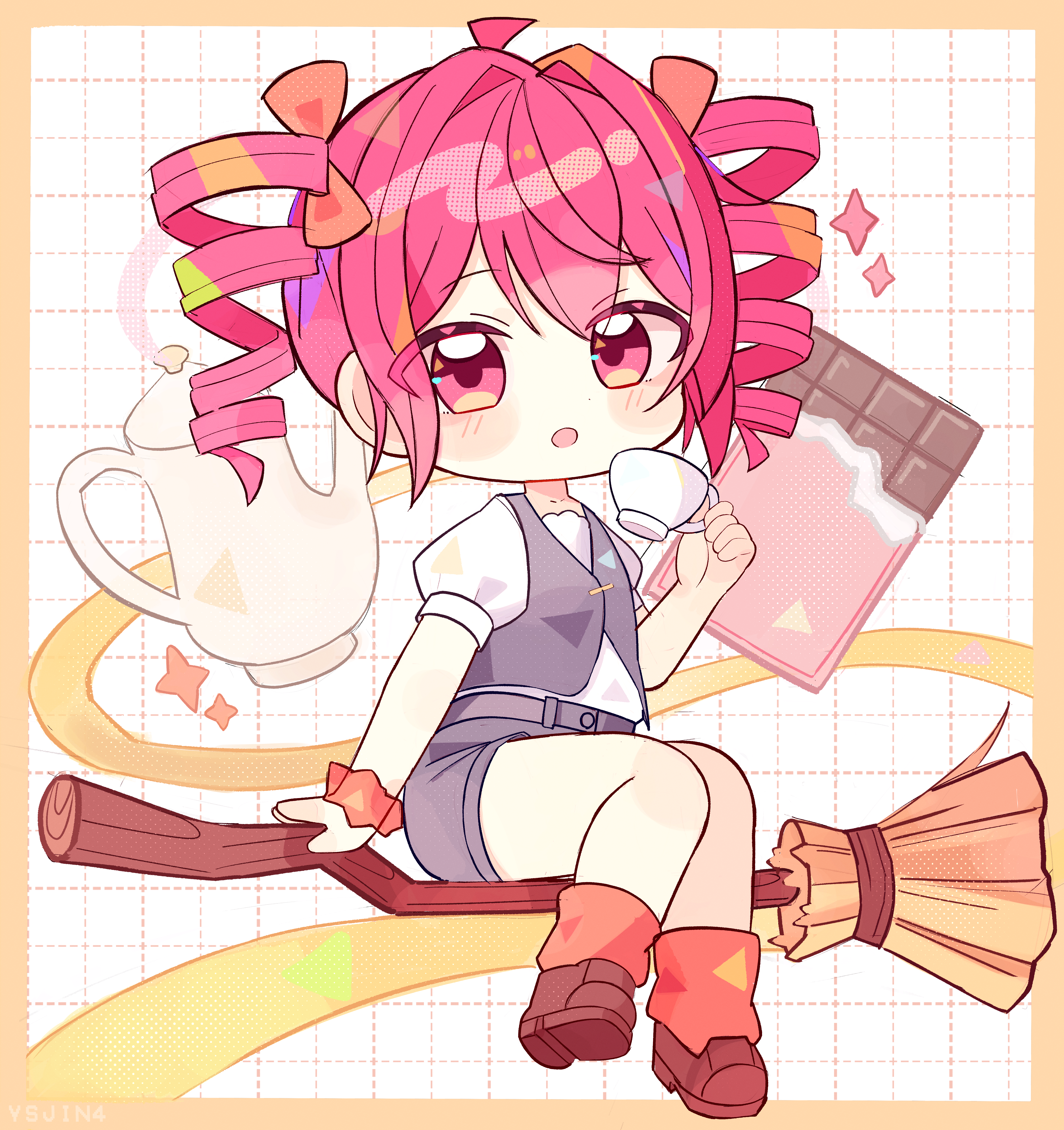 ysaster02, kasane teto, synthesizer v, utau, absurdres, highres, 1girl, ahoge, blush, drill hair, grey jacket, hair between eyes, jacket, looking at viewer, open mouth, red eyes, red hair, ribbon, shirt, simple background, skirt, solo, twin drills