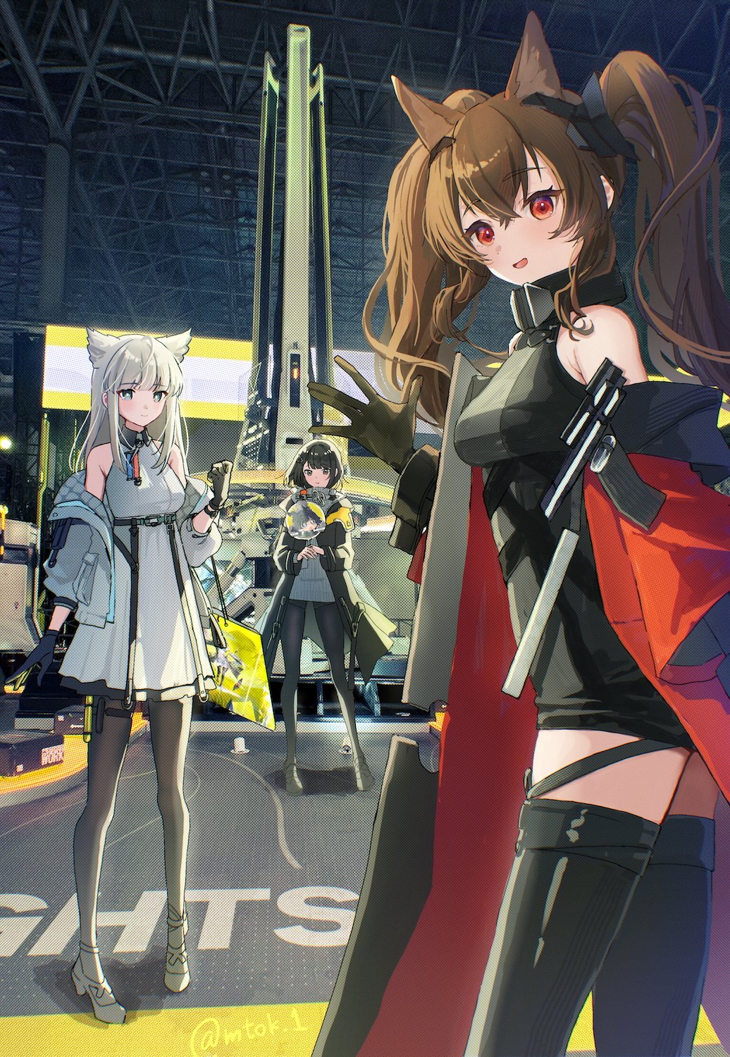 matsuoka (mtok 0), angelina (arknights), chen qianyu (arknights), gilberta (arknights), perlica (arknights), arknights, arknights: endfield, highres, 3girls, :d, animal ears, bag, bare shoulders, bird girl, black dress, black gloves, black hair, black pantyhose, black thighhighs, blue eyes, breasts, brown hair, coat, dot nose, dress, fox ears, fox girl, full body, gloves, hand fan, hand up, headgear, high collar, holding, holding bag, holding fan, indoors, jacket, long hair, looking at viewer, medium breasts, medium hair, multiple girls, no tail, off shoulder, open clothes, open coat, open jacket, open mouth, padded jacket, pantyhose, red coat, red eyes, ribbed sweater, science fiction, screentones, short dress, sleeveless, sleeveless dress, smile, standing, sweater, thighhighs, tote bag, truss, twintails, twitter username, watch, white hair, white jacket, white sweater, wristwatch, zettai ryouiki
