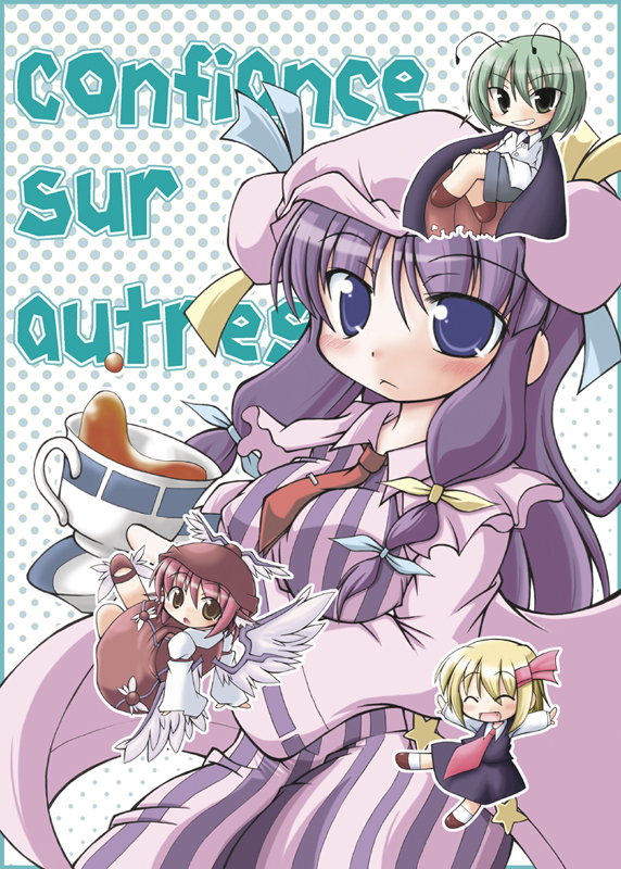 aqua minaduki, minazuki aqua, mystia lorelei, patchouli knowledge, rumia, wriggle nightbug, touhou, 4girls, :<, ^ ^, antennae, blonde hair, blue eyes, bow, cape, closed eyes, cup, dress, fang, female focus, french text, green eyes, green hair, hair bow, multiple girls, multiple hair bows, necktie, outstretched arms, pink hair, purple hair, ranguage, red eyes, star (symbol), tea, wings, yellow eyes