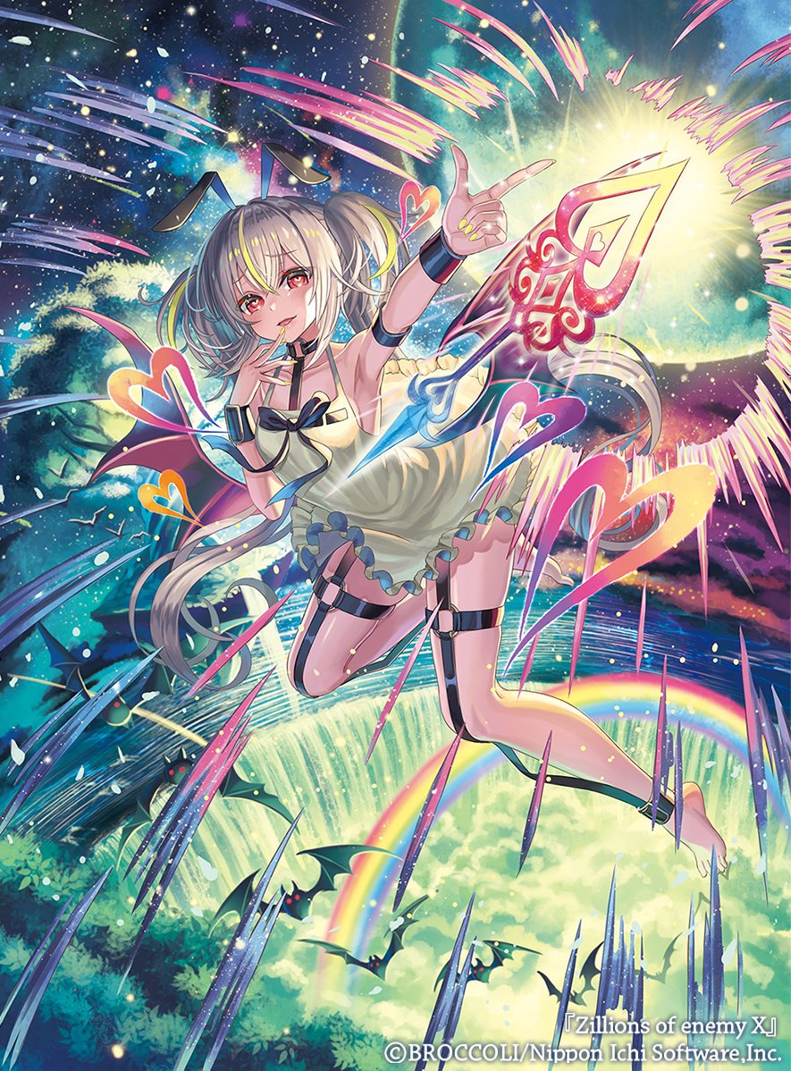 madopen, z/x, official art, 1girl, armpits, bat (animal), bat wings, blonde hair, copyright notice, dress, finger gun, floating, frilled dress, frills, grey hair, hair ornament, hastur (z/x), heart, heart-shaped pupils, light particles, long hair, multicolored hair, open mouth, rainbow, red eyes, symbol-shaped pupils, twintails, water, waterfall, white dress, wings, yellow nails
