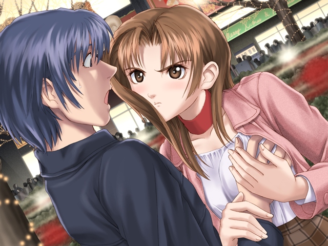 tony taka, sasaki kanae, tsubasa no hatameki, game cg, 1boy, 1girl, angry, blue hair, blush, breasts, brown eyes, brown hair, choker, grabbing another's breast, groping, guided breast grab, guiding hand, hetero, open mouth, pout, surprised, sweat