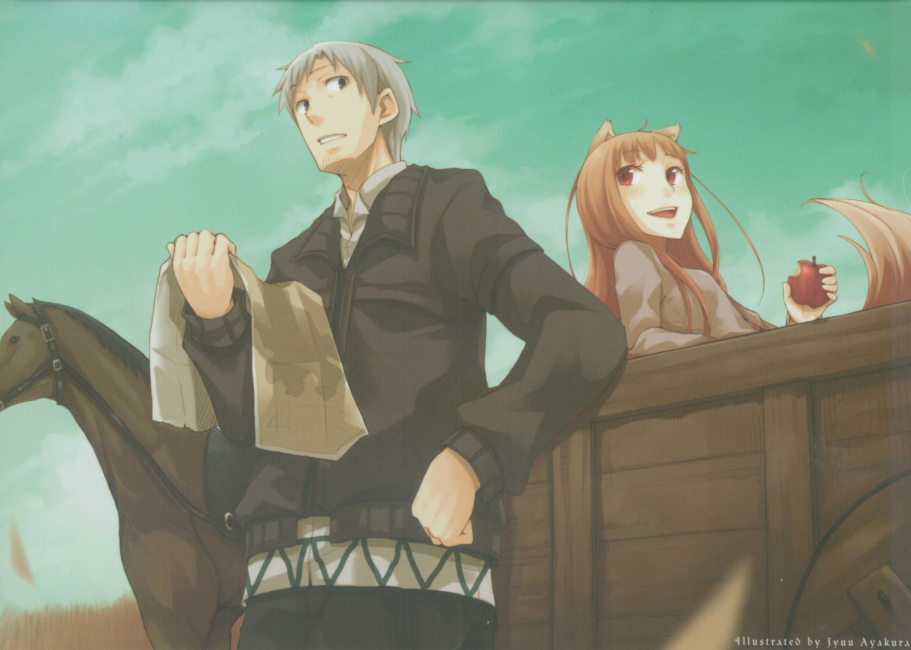 ayakura juu, craft lawrence, holo, spice and wolf, highres, 00s, animal ears, apple, brown hair, cart, food, fruit, horse, jacket, long hair, red eyes, sky, tail, wolf ears, wolf tail