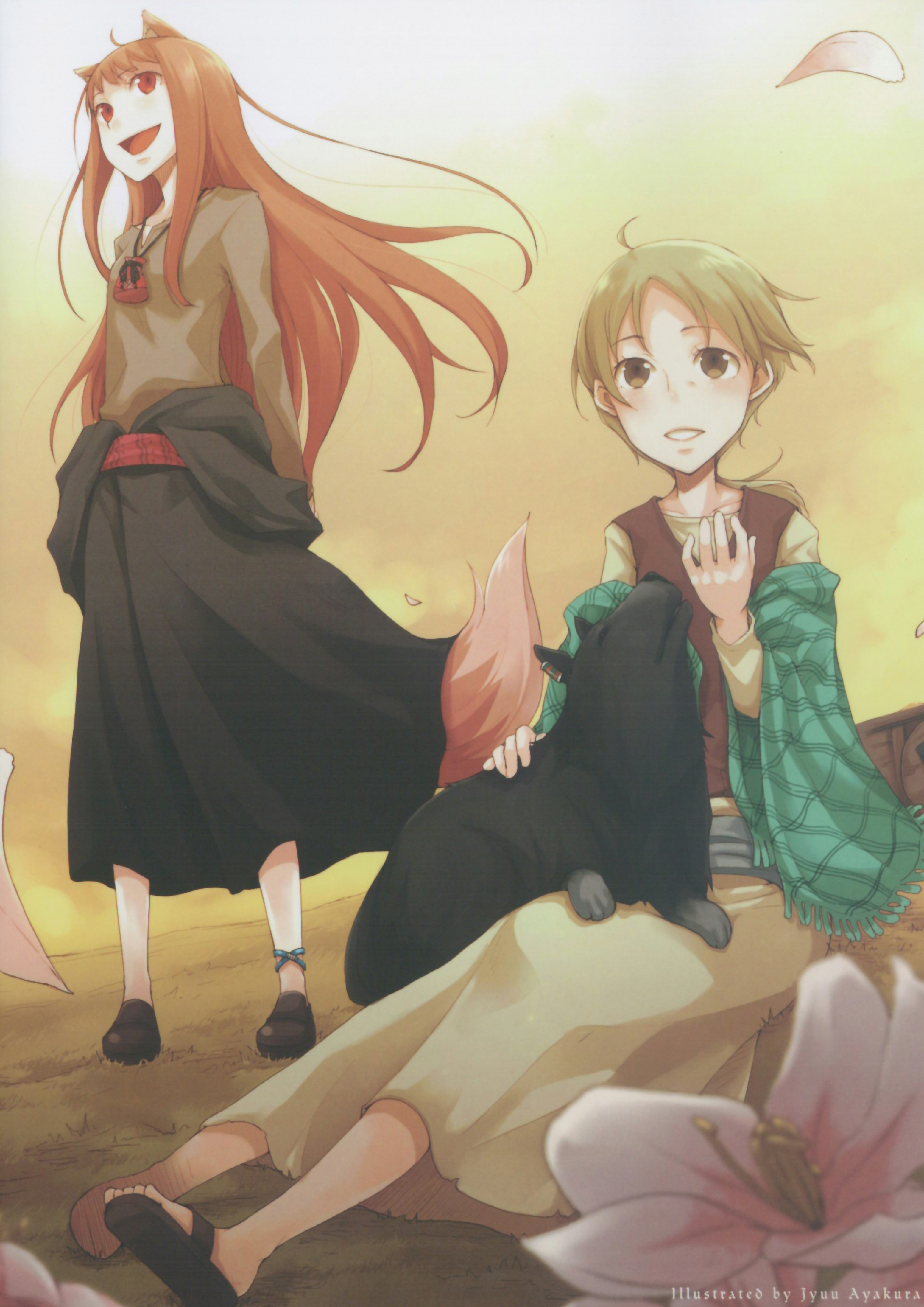 ayakura juu, enekk, holo, nora arento, spice and wolf, absurdres, highres, 00s, animal ears, anklet, blonde hair, brown hair, dog, flower, jewelry, long hair, pouch, red eyes, sandals, shawl, sheepdog, short hair, sitting, skirt, standing, tail, vest, wolf ears, wolf tail
