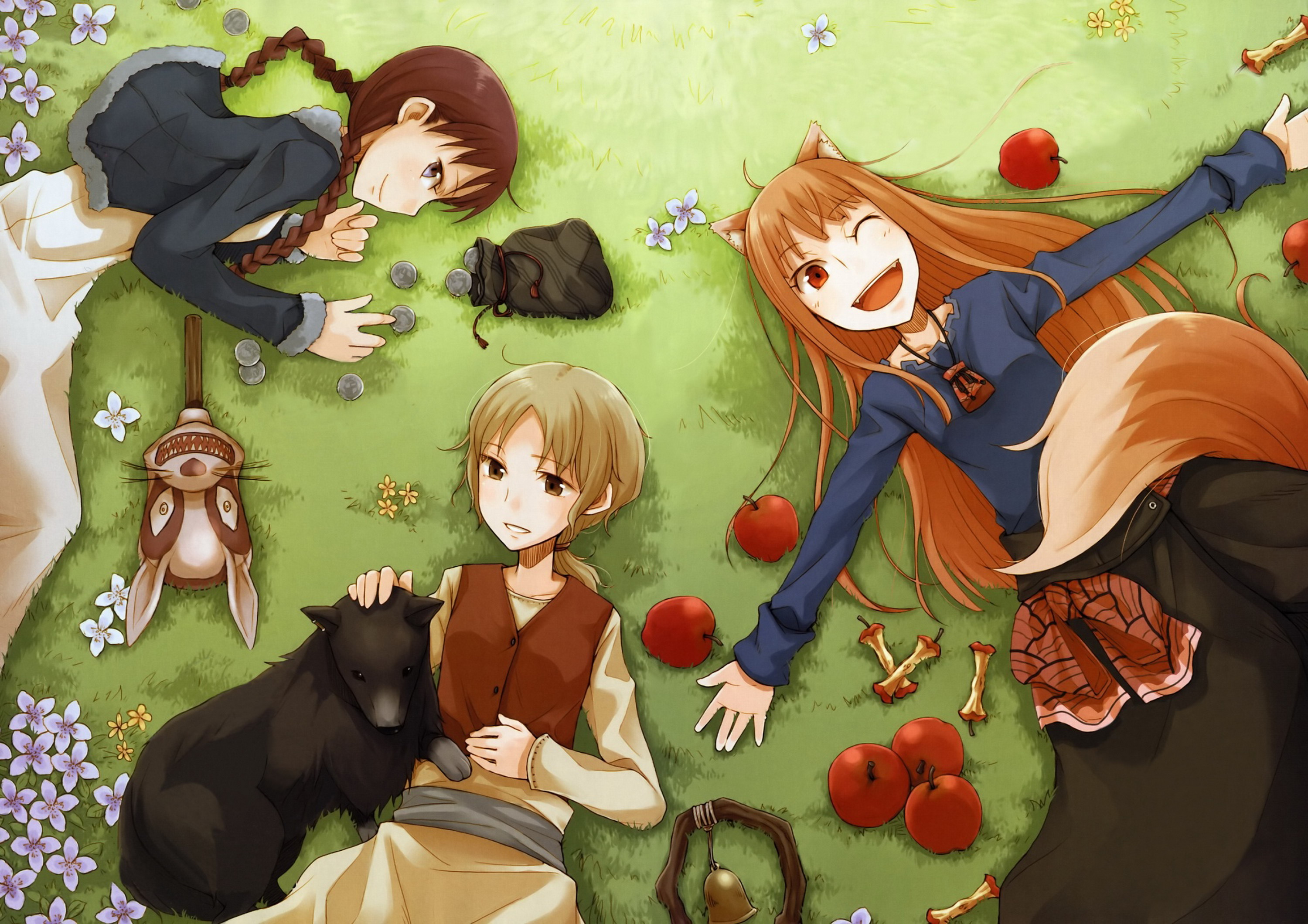 ayakura juu, chloe (spice and wolf), enekk, holo, nora arento, spice and wolf, highres, 00s, 3girls, animal ears, apple, blonde hair, braid, brown hair, circle formation, coin, dog, flower, food, fruit, grass, long hair, lying, multiple girls, one eye closed, ponytail, pouch, red eyes, sheepdog, skirt, tail, vest, wink, wolf ears, wolf tail