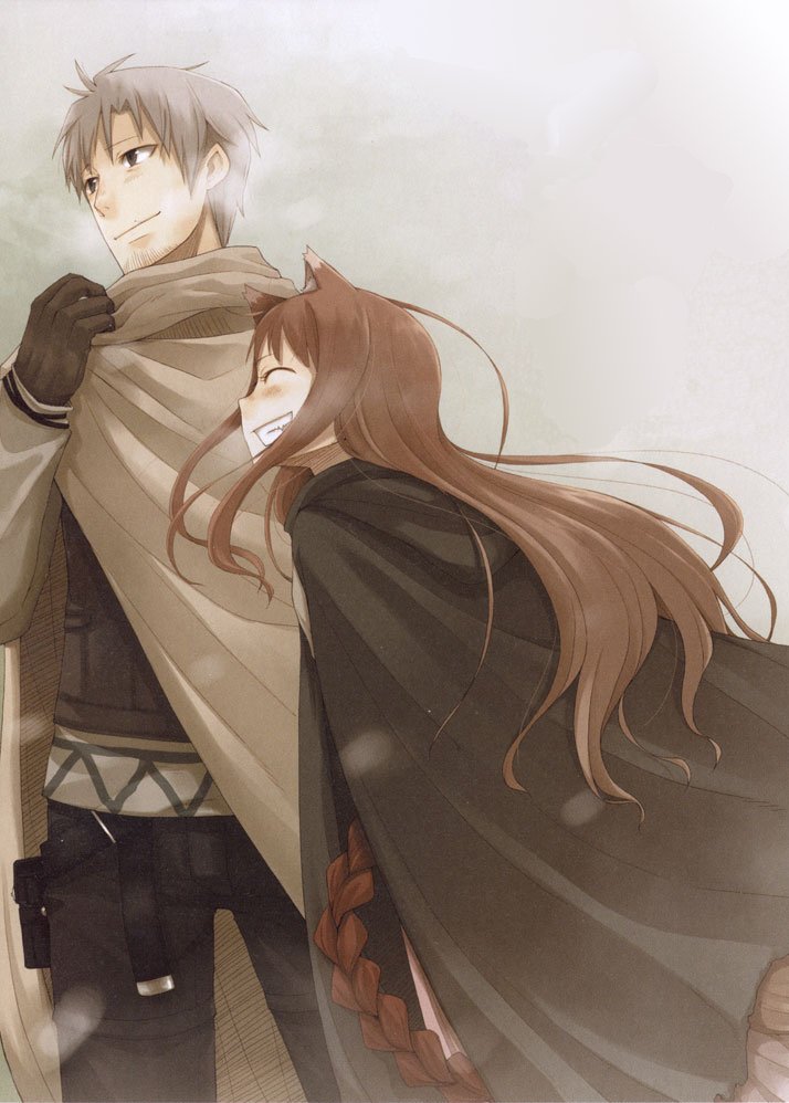 ayakura juu, craft lawrence, holo, spice and wolf, 00s, 1boy, 1girl, blush, brown hair, cloak, closed eyes, cold, gloves, grin, long hair, smile, snow, standing, wolf ears