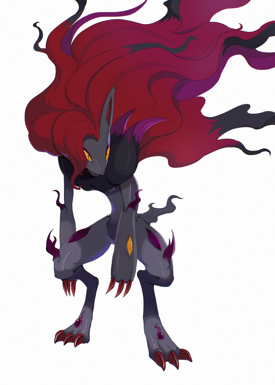 zoroark, nintendo, pokemon, commentary request, highres, claws, colored sclera, floating hair, gen 5 pokemon, hunched over, orange eyes, pinkmomo, pokemon (creature), pokemon focus, simple background, solo, white background, yellow sclera