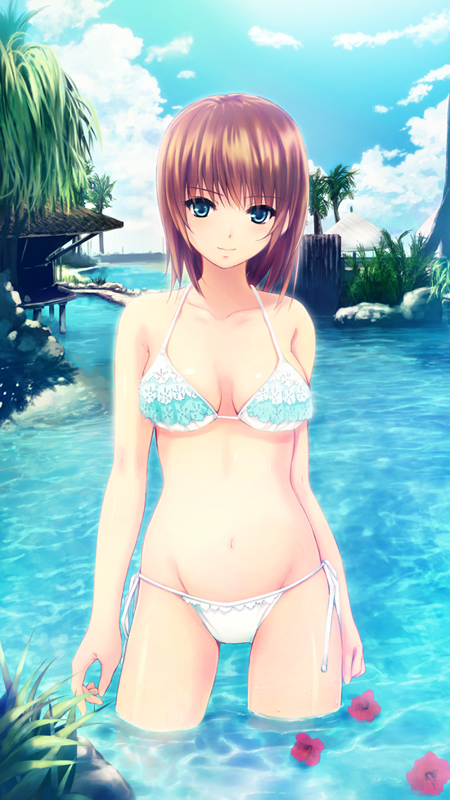 coffee-kizoku, original, 1girl, bikini, blue eyes, breasts, brown hair, day, female focus, halterneck, large breasts, navel, short hair, side-tie bikini bottom, sky, solo, string bikini, swimsuit, wading, water, white bikini