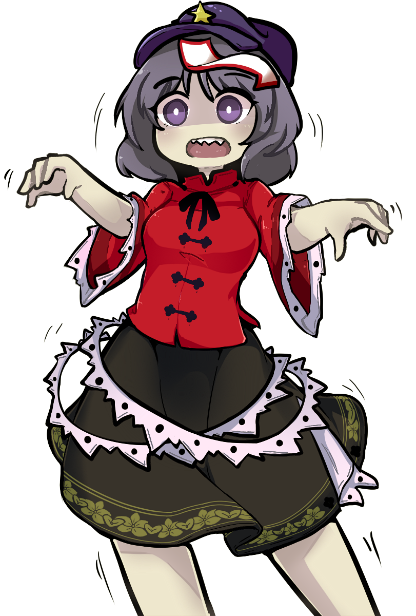 dagger131134 (kama astor), miyako yoshika, ten desires, touhou, highres, 1girl, chinese clothes, hat, hat ornament, jiangshi, lace-trimmed sleeves, lace trim, newsboy cap, ofuda, outstretched arms, purple hat, short hair, short sleeves, skirt, star (symbol), star hat ornament, tangzhuang, white background, zombie pose