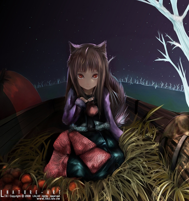liki, holo, spice and wolf, 00s, animal ears, apple, brown hair, food, fruit, kneeling, long hair, red eyes, solo, wheat