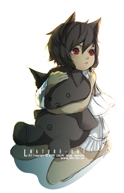 liki, 1girl, animal ears, barefoot, brown hair, doll, female focus, hug, hugging doll, hugging object, red eyes, seiza, short hair, sitting, solo, stuffed animal, stuffed toy, teddy bear