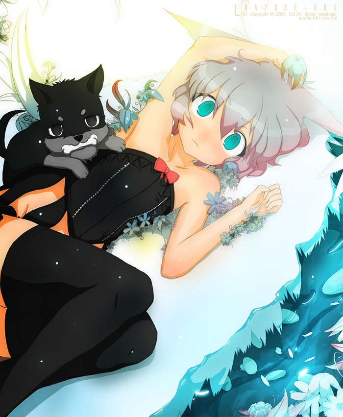 liki, original, silver hair, bad id, bad pixiv id, animal ears, aqua eyes, baby animal, black thighhighs, blue eyes, blush, bone, corset, dog, flat chest, flower, mouth hold, puppy, short hair, snow, solo, thighhighs