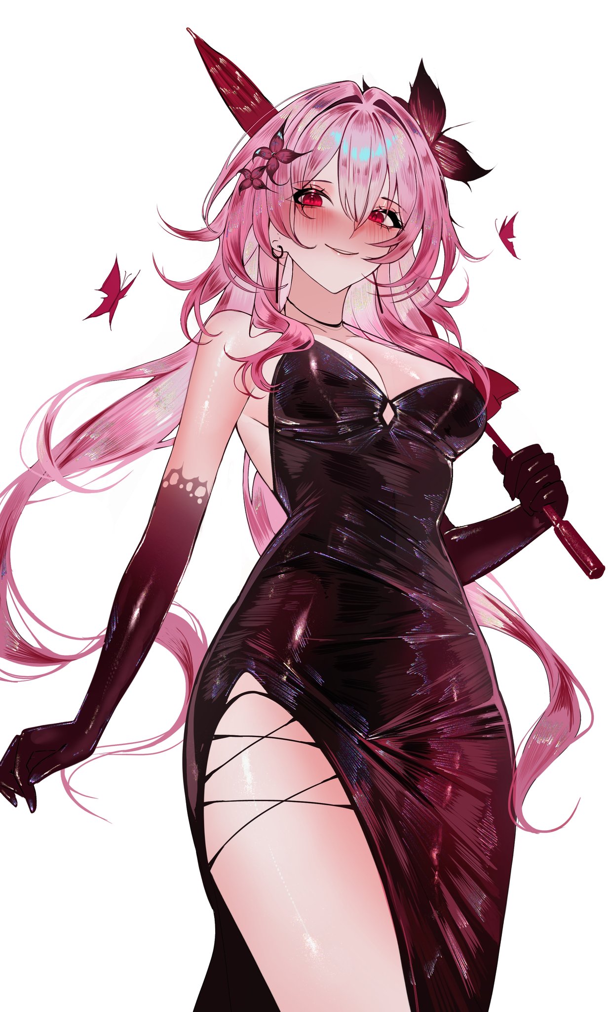 sanya (sanya lox228), evernight (honkai: star rail), march 7th (honkai: star rail), honkai: star rail, honkai (series), commentary, highres, symbol-only commentary, 1girl, bare shoulders, black dress, black gloves, blush, breasts, cleavage, dress, elbow gloves, gloves, hair between eyes, holding, holding umbrella, long hair, looking at viewer, medium breasts, parted lips, pink hair, red eyes, simple background, smile, solo, strapless, strapless dress, umbrella, very long hair, white background