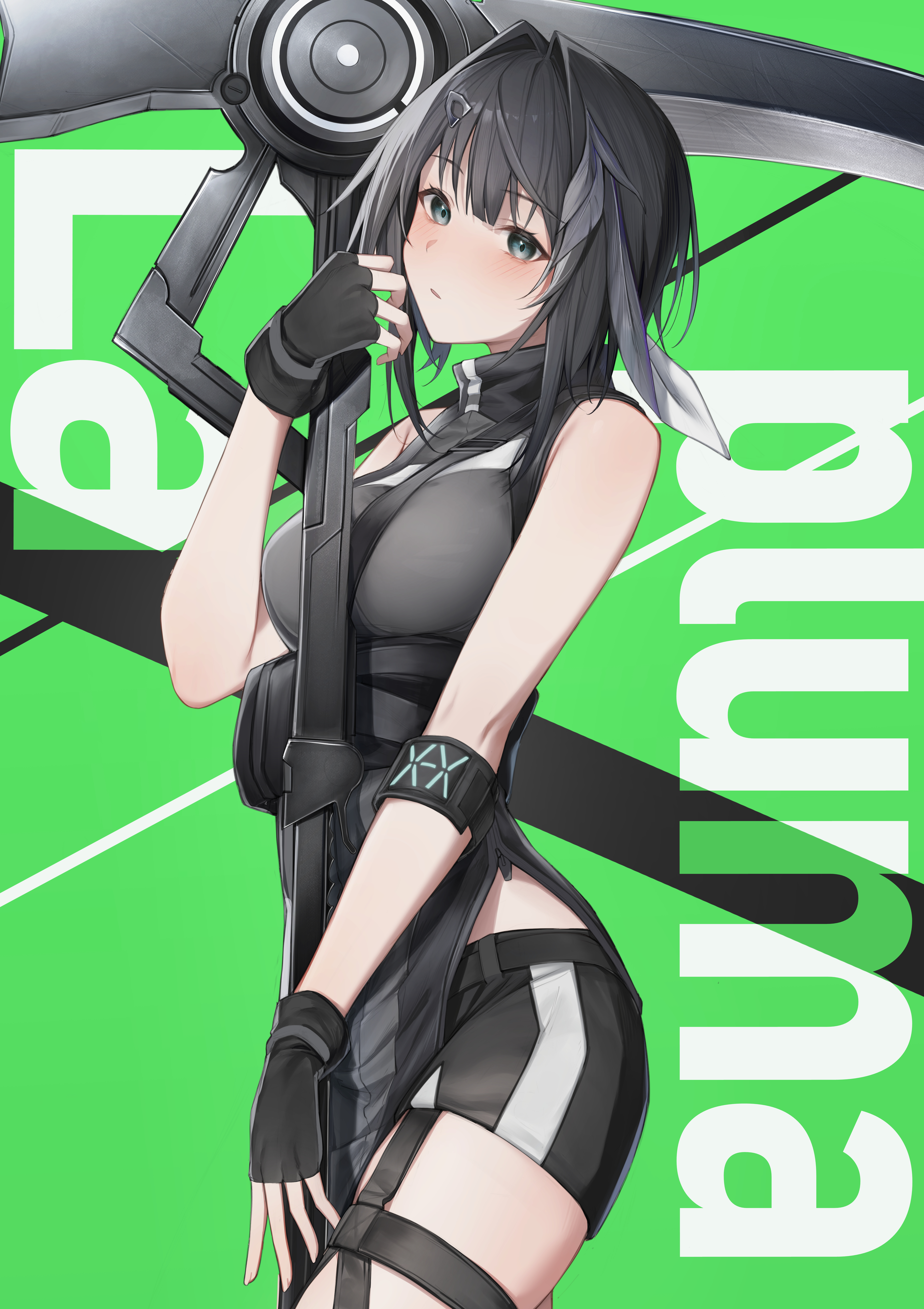 r oot, infection monitor (arknights), la pluma (arknights), arknights, absurdres, commentary, highres, 1girl, bare shoulders, black gloves, black hair, black shirt, black shorts, blue eyes, blush, breasts, character name, cowboy shot, fingerless gloves, gloves, green background, hair ornament, hairclip, holding, holding scythe, holding weapon, looking at viewer, medium breasts, parted lips, scythe, shirt, short hair, short shorts, shorts, sleeveless, sleeveless shirt, solo, standing, thigh strap, turtleneck, turtleneck shirt, weapon