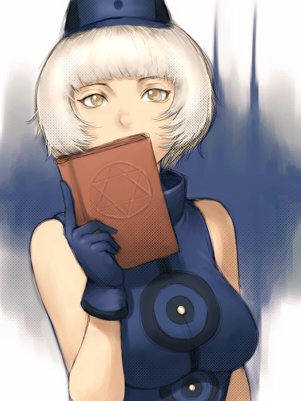 fumio (rsqkr), elizabeth (persona), atlus, persona, persona 3, 1girl, bare shoulders, book, breasts, female focus, gloves, hat, large breasts, short hair, sleeveless, solo, white hair, yellow eyes