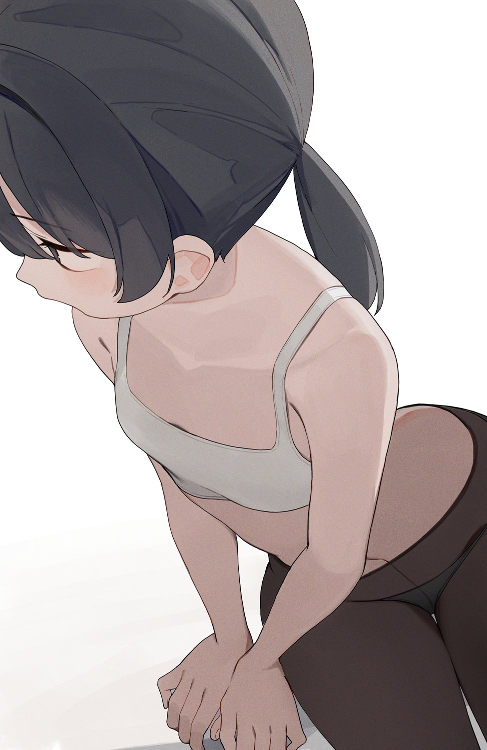 hiroki (yyqw7151), original, highres, 1girl, black eyes, black hair, black panties, bra, breasts, brown pantyhose, collarbone, panties, panties under pantyhose, pantyhose, ponytail, short ponytail, small breasts, solo, underwear, white background, white bra