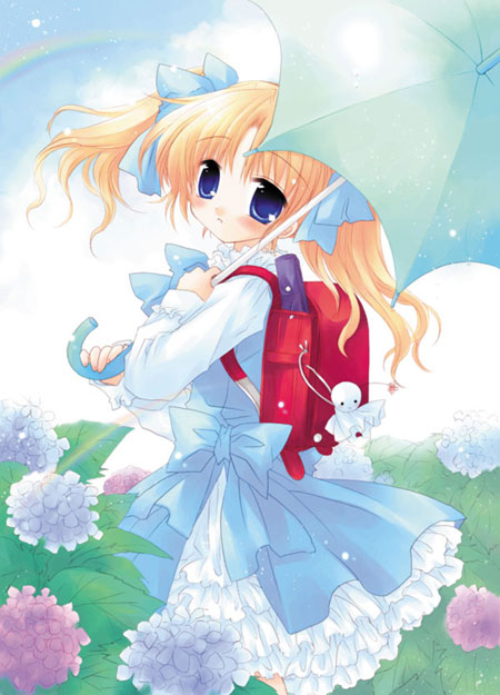sakurazawa izumi, non-web source, backpack, bag, blonde hair, blue eyes, dress, flower, flute, hair ribbon, hydrangea, instrument, long hair, looking back, randoseru, recorder, ribbon, solo, teruterubouzu, twintails, umbrella