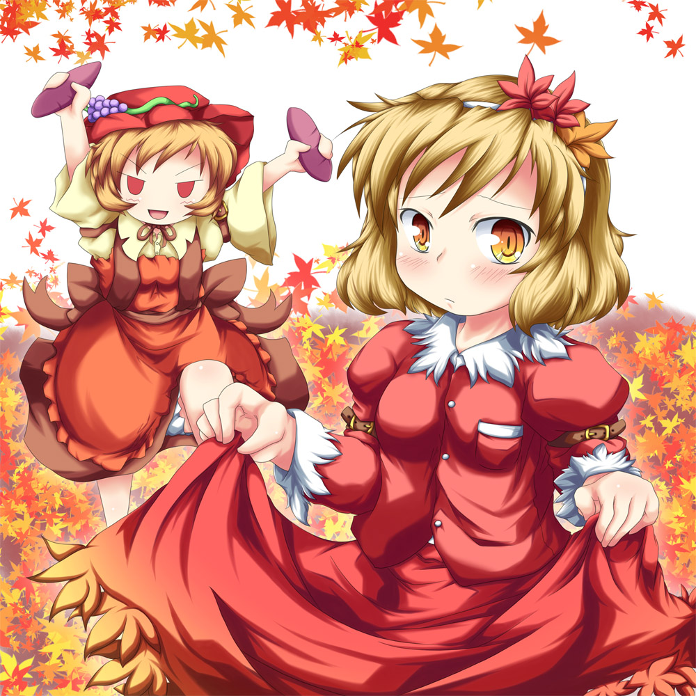 konata gazel, nanatsuhane, aki minoriko, aki shizuha, touhou, bad id, bad pixiv id, 2girls, autumn, blonde hair, female focus, hair ornament, leaf, leaf hair ornament, multiple girls, pocket, siblings, sisters, skirt hold