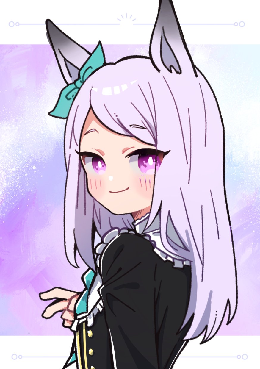 segawa rui, mejiro mcqueen (frontline elegance) (umamusume), mejiro mcqueen (umamusume), umamusume, highres, 1girl, animal ears, aqua bow, blush, bow, ear bow, ear ribbon, frilled jacket, frills, horse ears, horse girl, jacket, long hair, long sleeves, looking at viewer, purple eyes, purple hair, sailor collar, sailor shirt, shirt, smile, solo