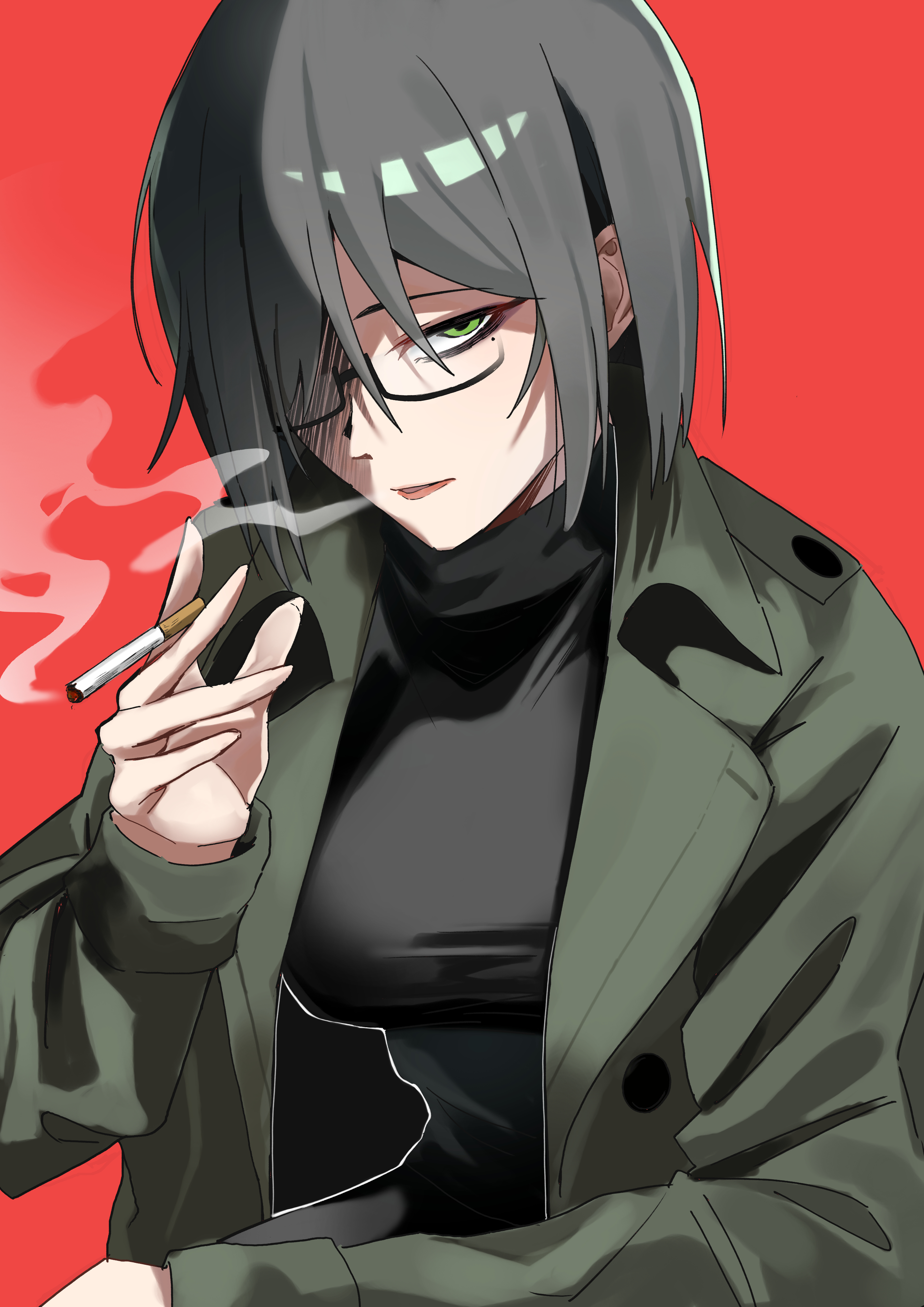 ontama (ontama link1235), original, absurdres, highres, 1girl, artistic error, black shirt, breasts, cigarette, coat, glasses, green eyes, grey hair, hand up, holding, holding cigarette, large breasts, long sleeves, looking at viewer, mole, mole under eye, red background, shirt, upper body