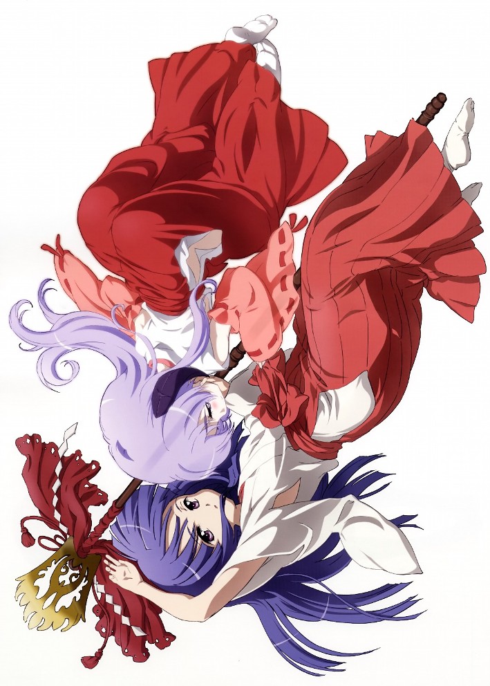 furude rika, hanyuu, higurashi no naku koro ni, non-web source, 00s, 2girls, blue eyes, blue hair, hakama, hakama skirt, horns, japanese clothes, long hair, miko, multiple girls, purple hair, red hakama, sideways, skirt, staff