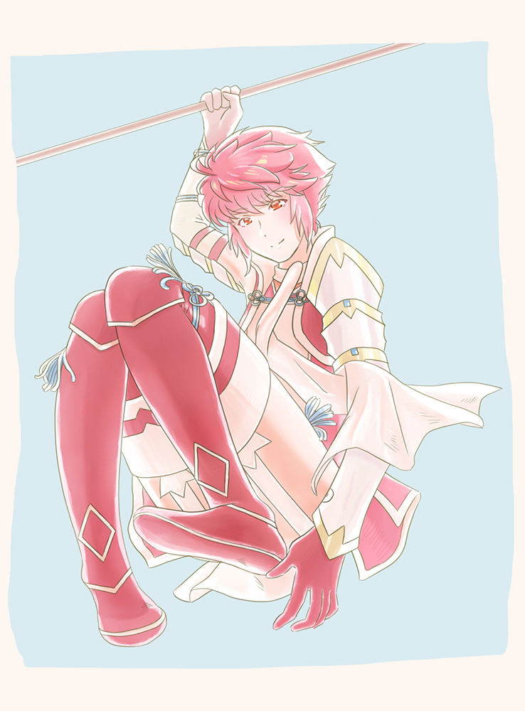 sorafuuai, hinoka (fire emblem), fire emblem, fire emblem fates, nintendo, 1girl, japanese clothes, looking at viewer, polearm, red eyes, red hair, short hair, smile, solo, thighhighs, thighs, weapon