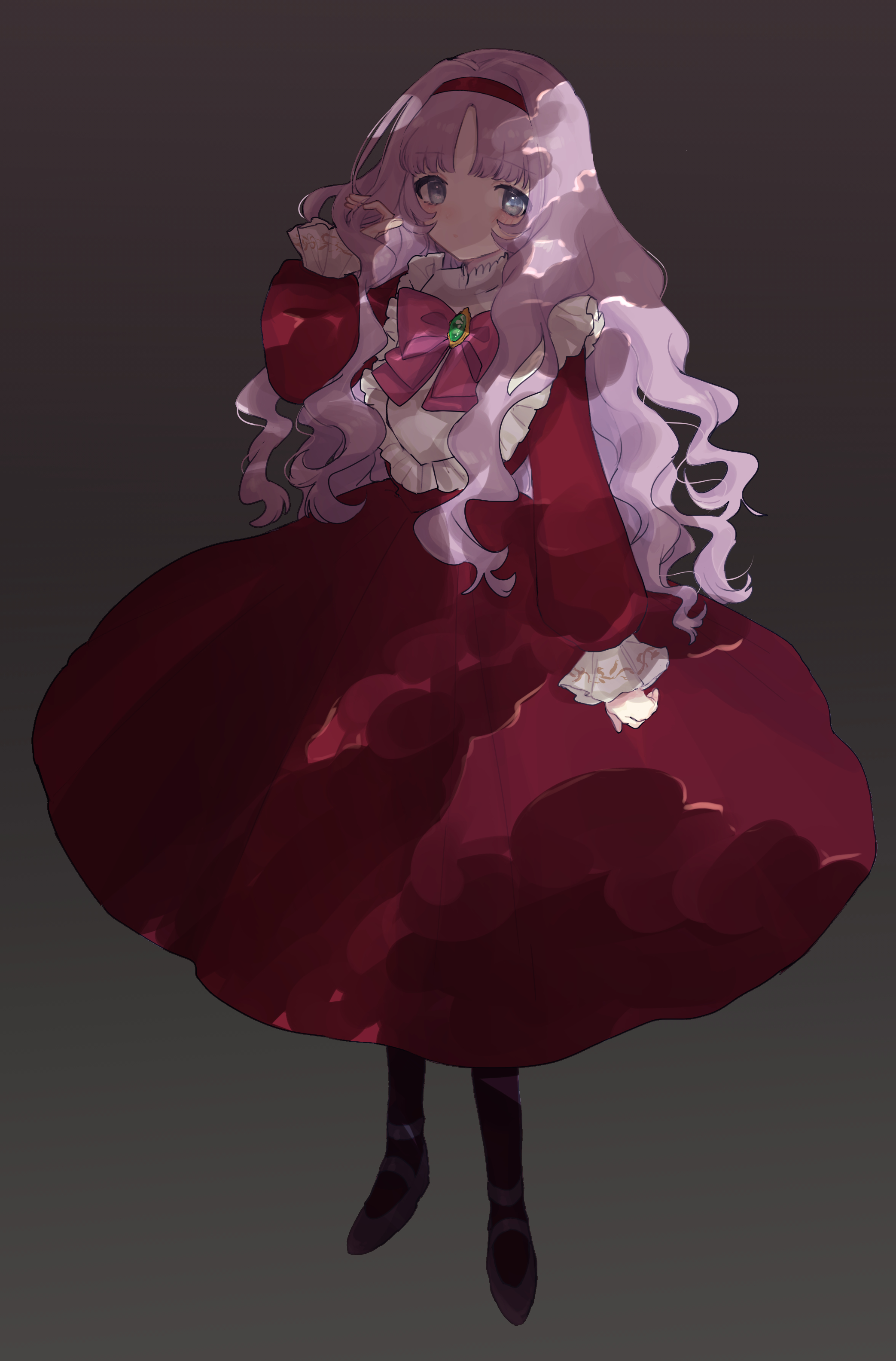 eurasia (wtp09ptw14), francoise (eurasia), original, absurdres, commentary request, highres, 1girl, aged down, black boots, blue eyes, boots, bow, brooch, closed mouth, dress, full body, gem, green gemstone, grey background, hairband, jewelry, long hair, long sleeves, looking at viewer, parted bangs, pink bow, purple hair, red dress, red hairband, simple background, solo, wavy hair