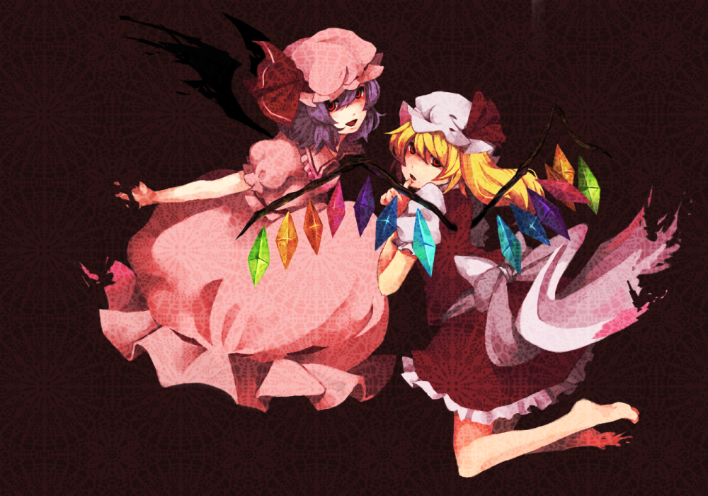 jugem, pk, flandre scarlet, remilia scarlet, touhou, bad id, bad pixiv id, 2girls, barefoot, bat wings, blonde hair, blue hair, female focus, full body, hat, mob cap, multiple girls, ponytail, red eyes, ribbon, short hair, siblings, sisters, skirt, wings