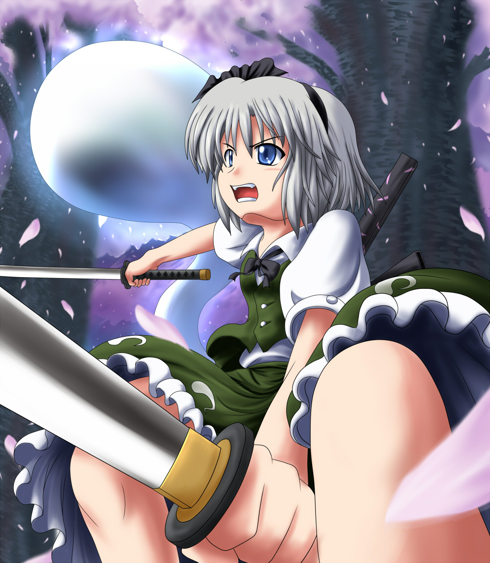 hidechuu, konpaku youmu, konpaku youmu (ghost), touhou, silver hair, bad id, bad pixiv id, 1girl, blue eyes, dual wielding, female focus, ghost, hairband, hitodama, holding, katana, petals, ribbon, short hair, solo, sword, tanto, tree, weapon