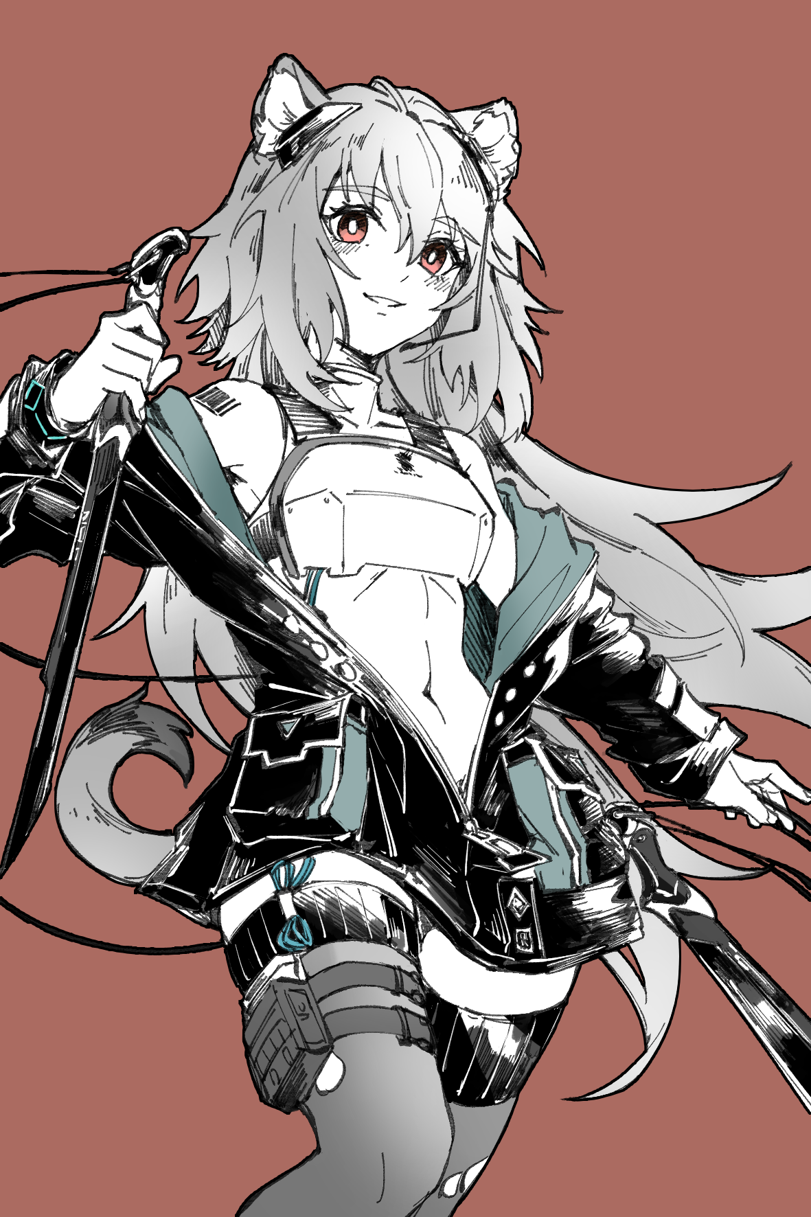 piaoliu ping ping ping pingzi, gravel (arknights), infection monitor (arknights), arknights, chinese commentary, commentary request, highres, 1girl, animal ears, armor, barcode, barcode tattoo, bare shoulders, breastplate, brown background, brown eyes, cowboy shot, grin, hair between eyes, holding, holding sword, holding weapon, jacket, long hair, long sleeves, looking at viewer, microphone, navel, partially colored, partially unzipped, pouch, shoulder tattoo, simple background, smile, solo, standing, sword, tail, tattoo, thigh pouch, thigh strap, thighhighs, torn clothes, torn thighhighs, weapon, zipper pull tab