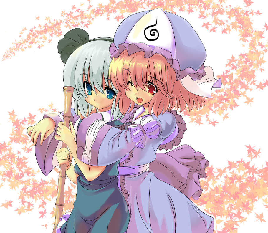 kurokawa izumi, konpaku youmu, saigyouji yuyuko, touhou, silver hair, bad id, bad pixiv id, 2girls, blue eyes, broom, dress, female focus, hairband, hat, hug, japanese clothes, kimono, multiple girls, pink hair, red eyes, ribbon, short hair, wink