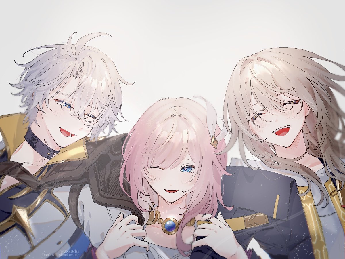 cyrene (honkai: star rail), phainon (honkai: star rail), stelle (honkai: star rail), trailblazer (honkai: star rail), honkai: star rail, honkai (series), commentary request, 1boy, 2girls, ahoge, black coat, blue eyes, coat, cyrene (aedes elysiae) (honkai: star rail), dress, grey hair, hair ornament, jewelry, locked arms, medium hair, multicolored hair, multiple girls, necklace, one eye closed, pink hair, short hair, smile, two-tone hair, upper body, white coat, white dress, white hair, zzz0du