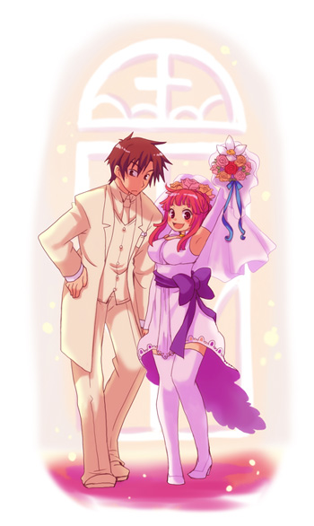 tsuyuka (sunny spot), croix raoul, prier, la pucelle, nippon ichi, 1boy, 1girl, bride, brown hair, couple, dress, flower, formal clothes, hetero, pink hair, suit, thighhighs, wedding, wedding dress
