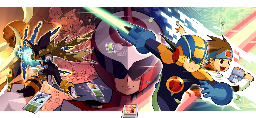 bass.exe (mega man), cutman.exe, elecman.exe, iceman.exe, lan hikari (mega man), megaman.exe, protoman.exe, roll.exe (mega man), serenade (mega man), mega man (series), mega man battle network (series), mega man battle network 3, 6+others, arm blade, armor, assault visor, battle chip, black bodysuit, black hair, black helmet, blonde hair, blue bodysuit, blue gloves, blue headband, blue helmet, bodysuit, bomb, bombman.exe, brown cloak, brown eyes, brown hair, chest jewel, cloak, dark skin, double soul (mega man), explosive, fins, forehead jewel, gloves, green eyes, head fins, headband, helmet, holding, holding bomb, index finger raised, long hair, looking at viewer, may (nicoseiga 32709921), multiple others, netnavi, official style, open mouth, orange helmet, orange vest, personal terminal, red armor, red eyes, red helmet, scissors, shirt, short hair, shoulder armor, smile, sword, teeth, upper body, upper teeth only, vest, weapon, white gloves, white hair, white shirt, yellow helmet