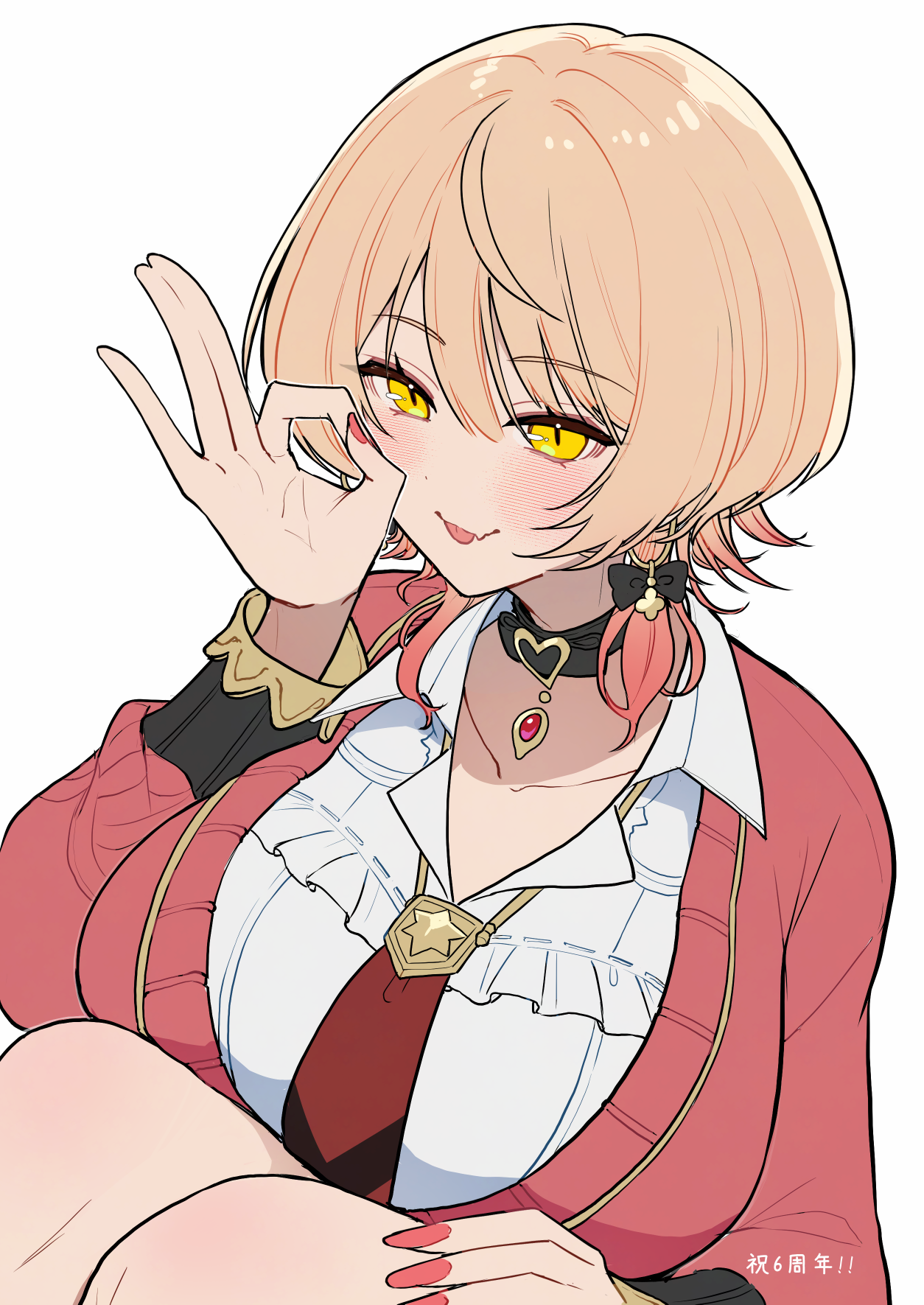 bunsai, nui sociere, nui sociere (10th costume), nijisanji, commentary request, highres, 1girl, black choker, blonde hair, blue eyes, blush, breasts, choker, large breasts, medium hair, nail polish, ok sign, pink sweater, red nails, shirt, simple background, solo, sweater, virtual youtuber, white background, white shirt