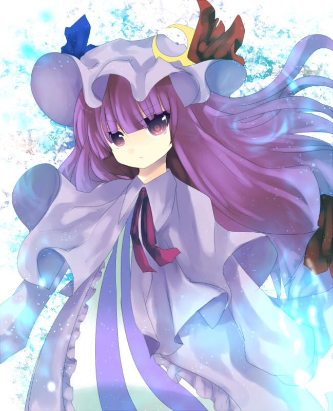 eiko (pixiv), eiko (tukino), patchouli knowledge, touhou, bad id, bad pixiv id, 1girl, female focus, hat, long hair, purple eyes, purple hair, ribbon, solo