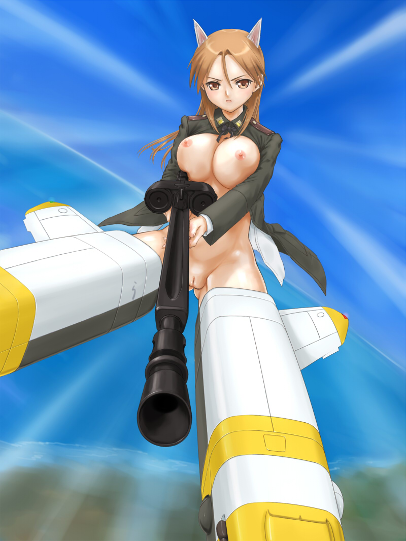 rasukaru, minna-dietlinde wilcke, strike witches, world witches series, 00s, 1girl, animal ears, bottomless, breasts, brown eyes, brown hair, female focus, flying, gun, large breasts, long hair, mecha, midair, nipples, no panties, open clothes, open shirt, pussy, rifle, robot, shirt, solo, uncensored, weapon