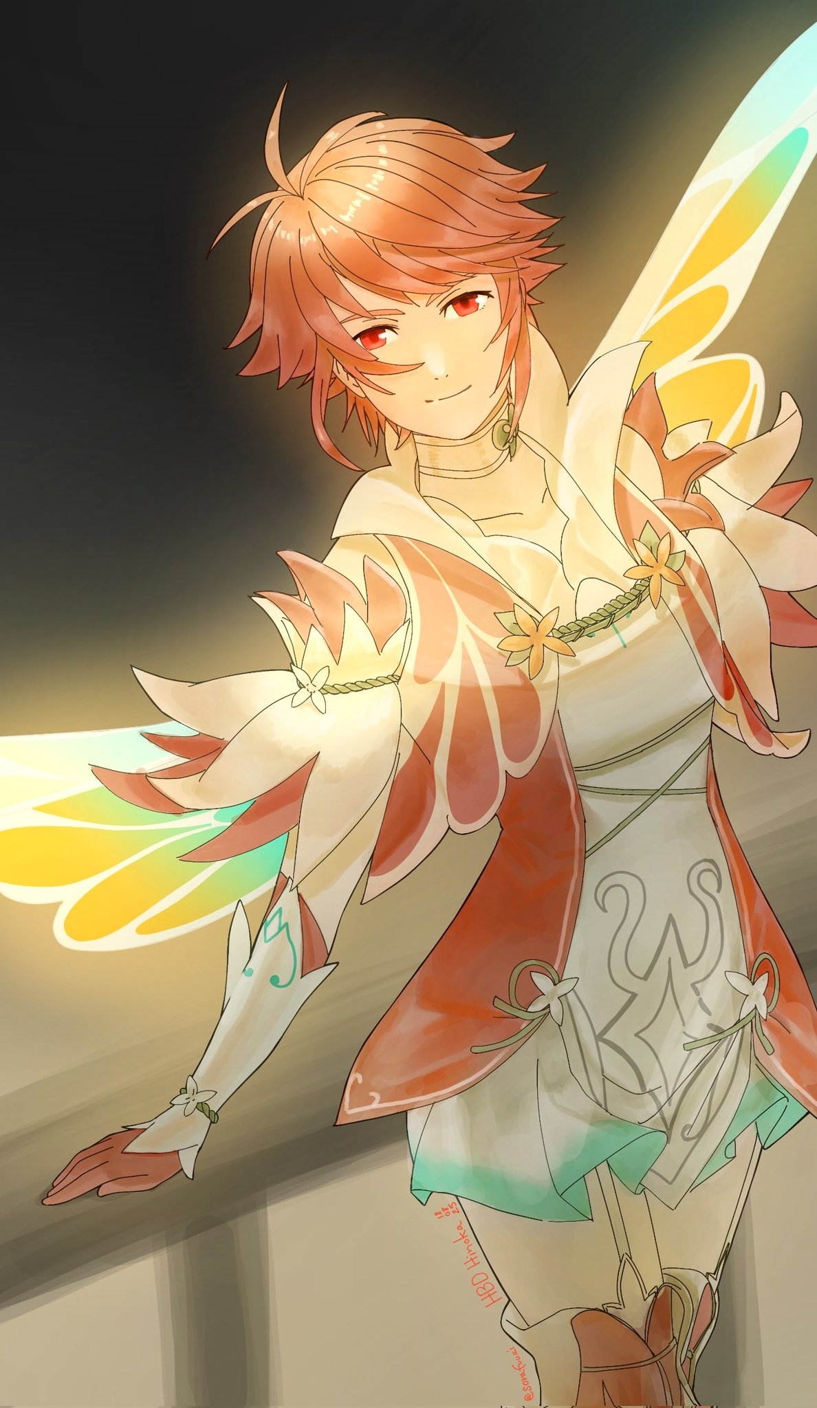 sorafuuai, hinoka (fire emblem), hinoka (resplendent) (fire emblem), fire emblem, fire emblem fates, fire emblem heroes, nintendo, highres, 1girl, choker, dress, fairy wings, fake wings, gradient clothes, microdress, official alternate costume, red eyes, red hair, solo, thighs, white choker, wings
