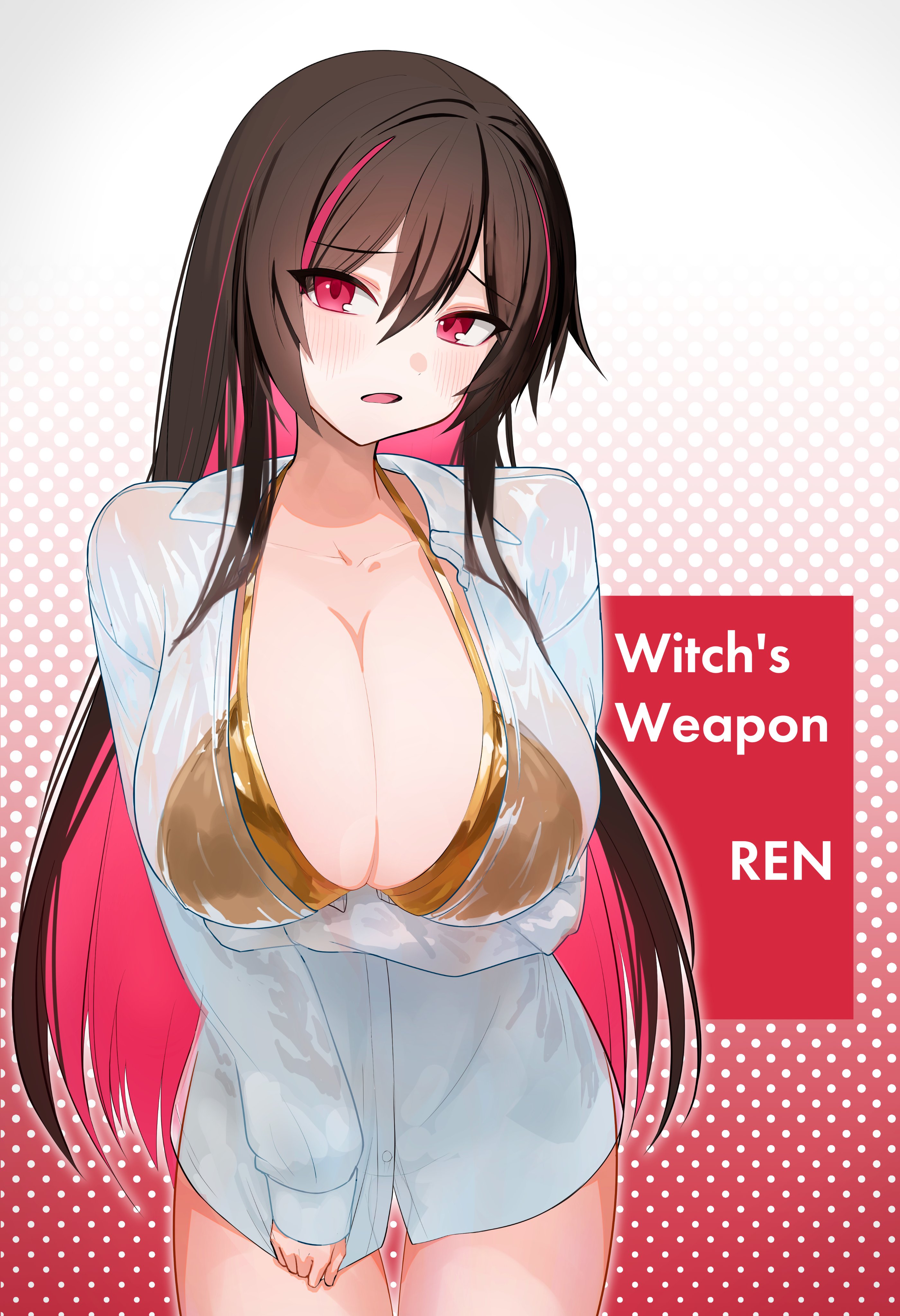 akayudofu, ren (witch's weapon), witch's weapon, absurdres, commentary request, highres, 1girl, alternate breast size (larger), arm under breasts, bikini, breasts, brown hair, character name, cleavage, collarbone, colored inner hair, copyright name, cowboy shot, embarrassed, genderswap, genderswap (mtf), gold bikini, gradient background, hair between eyes, halterneck, huge breasts, light blush, long hair, looking at viewer, multicolored hair, open mouth, partially unbuttoned, polka dot, polka dot background, pulling own clothes, red background, red eyes, red hair, see-through clothes, see-through silhouette, shirt, sidelocks, solo, strap gap, swimsuit, tareme, thigh gap, two-tone hair, upper body, very long hair, wet, wet clothes, wet shirt, white background, white shirt
