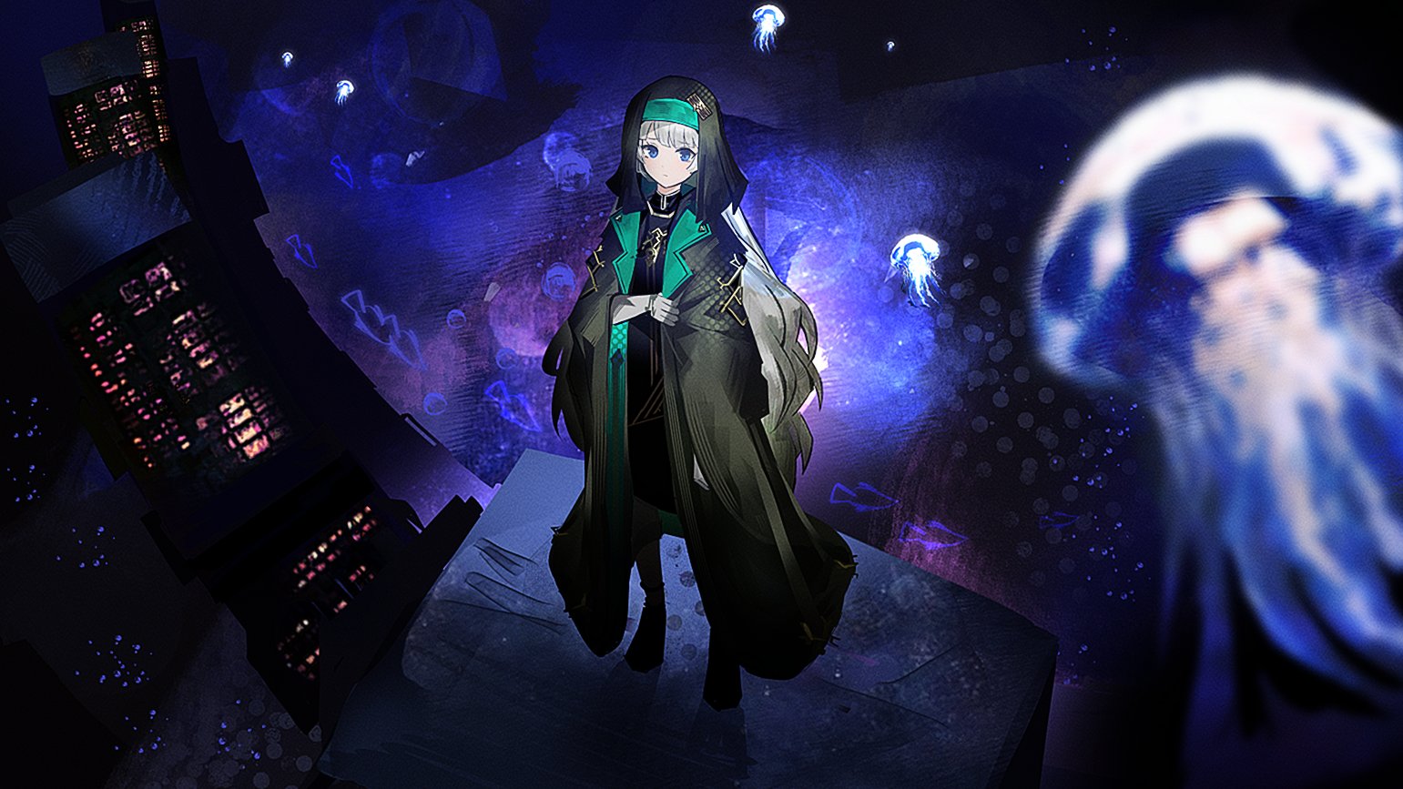arknights, limbus company, project moon, 1girl, blue eyes, city, fish, hoyeonbns, jellyfish, long hair, mayors (arknights), pointy ears, robe, underwater, white hair