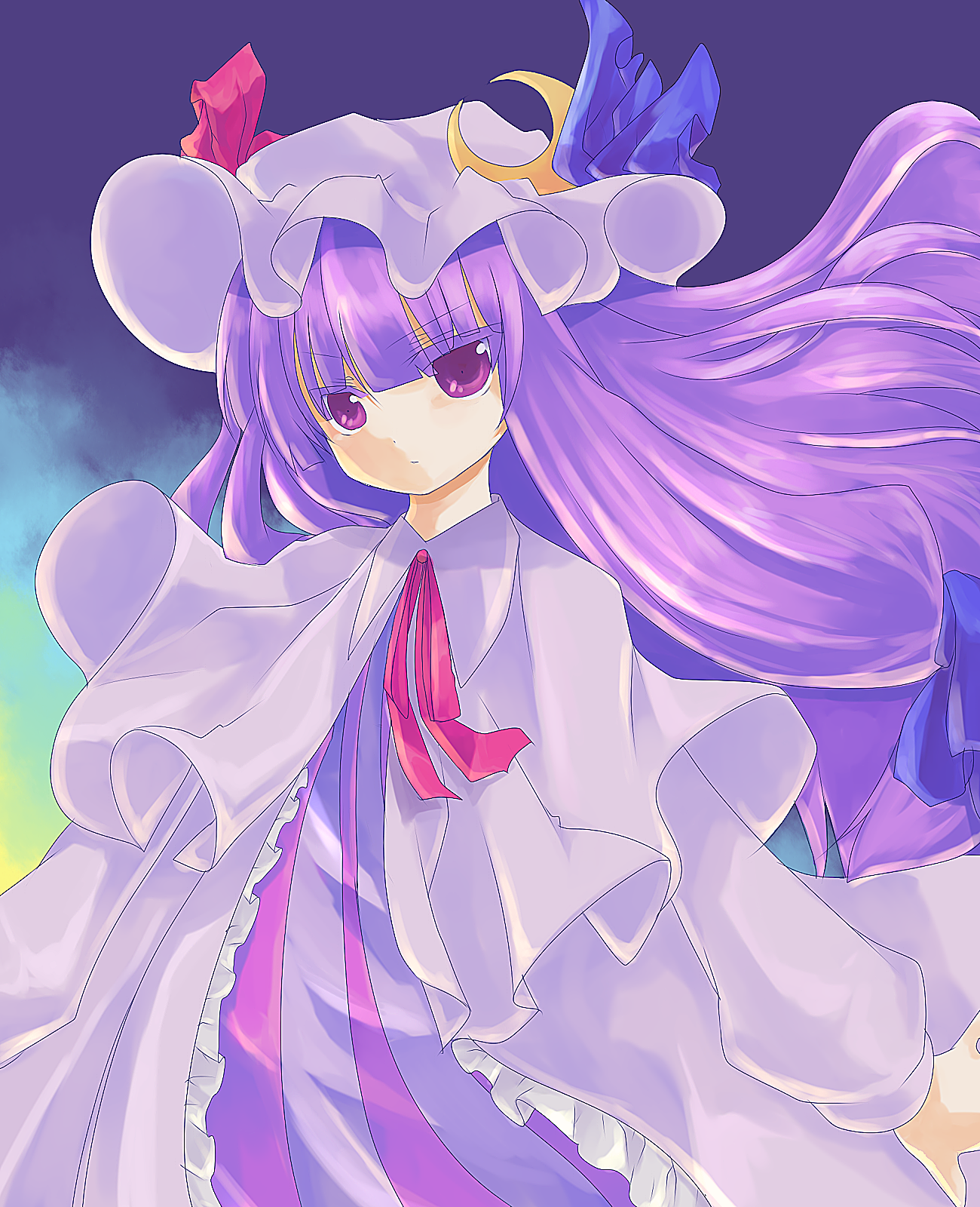 kikuichi, patchouli knowledge, touhou, bad id, bad pixiv id, highres, 1girl, female focus, hat, long hair, purple eyes, purple hair, ribbon, solo, standing, very long hair