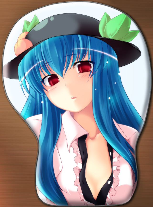 nagami yuu, hinanawi tenshi, touhou, 1girl, blue hair, breast mousepad, breasts, female focus, food, fruit, mousepad (medium), peach, red eyes, solo