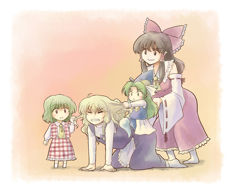 hashiyamoto, hakurei reimu, kazami yuuka, kirisame marisa, mima (touhou), mystic square, touhou, touhou (pc-98), bad id, bad pixiv id, 4girls, aged down, ascot, blonde hair, braid, brown eyes, brown hair, female focus, ghost, ghost tail, grabbing another's hair, green eyes, green hair, hat, holding another's hair, japanese clothes, long hair, miko, multiple girls, plaid clothes, plaid skirt, plaid vest, red eyes, ribbon, riding, role reversal, short hair, sitting, sitting on person, skirt, skirt set, time paradox, vest, wizard hat