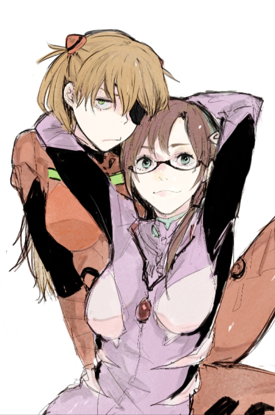 aaanoa, makinami mari illustrious, souryuu asuka langley, neon genesis evangelion, rebuild of evangelion, highres, 2girls, :/, :3, aqua eyes, arms around neck, bodysuit, breasts, brown hair, closed mouth, eyepatch, glasses, green eyes, hair between eyes, hair ornament, hairband, hairclip, heads together, interface headset (evangelion), invisible chair, large breasts, light smile, looking at viewer, multiple girls, pink bodysuit, red-framed eyewear, red bodysuit, simple background, sitting, twintails, unamused