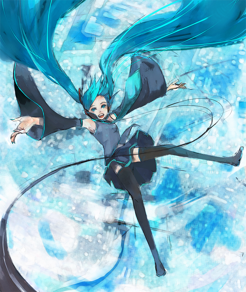 itaya tatsumi, hatsune miku, vocaloid, blue eyes, blue hair, detached sleeves, falling, green hair, long hair, necktie, skirt, socks, solo, thighhighs, twintails, very long hair