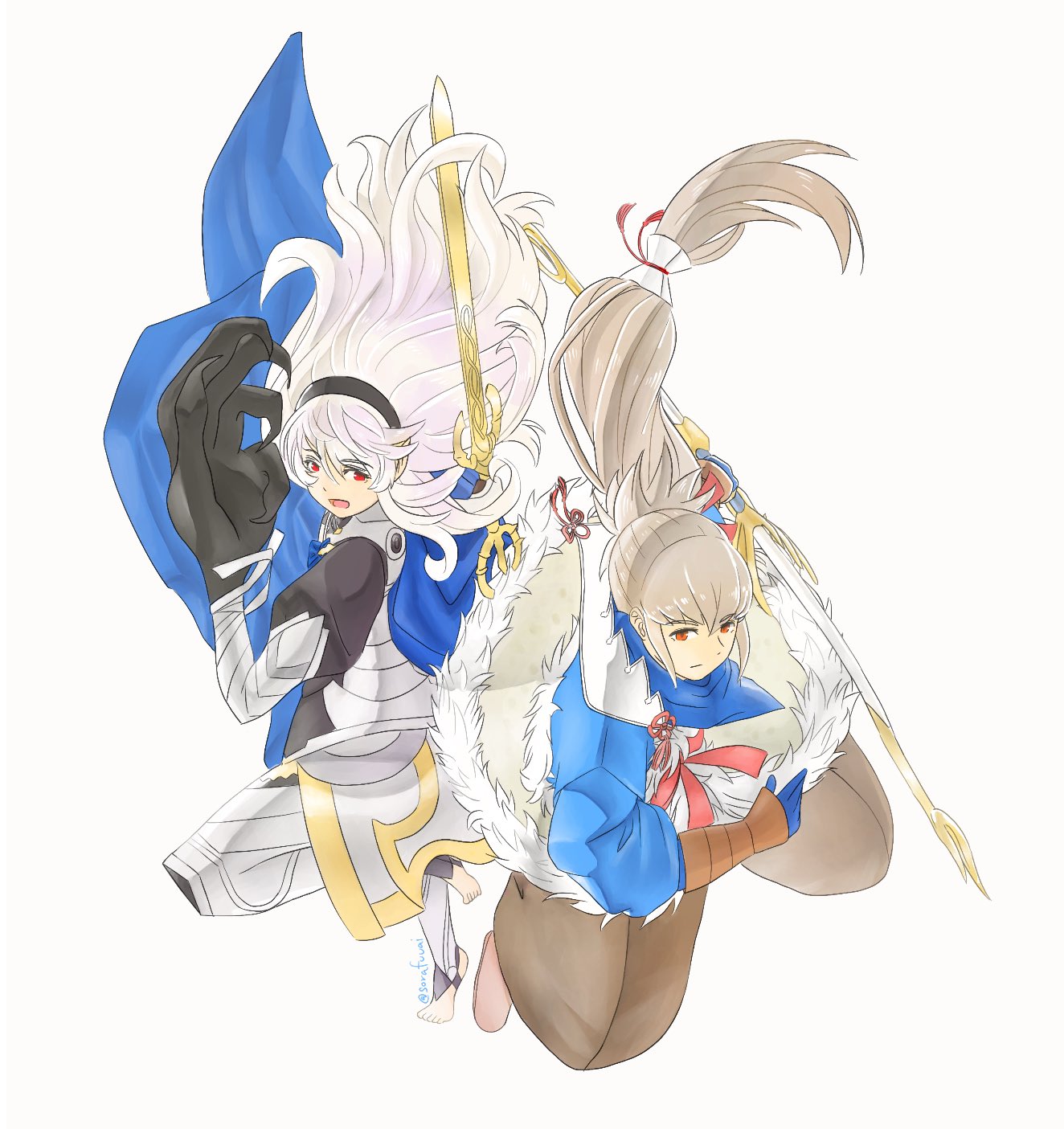 sorafuuai, female corrin (fire emblem), takumi (fire emblem), fire emblem, fire emblem fates, nintendo, highres, 1boy, 1girl, black hairband, blue cape, cape, grey hair, hair ribbon, hairband, japanese clothes, long hair, pointy ears, ponytail, red eyes, red ribbon, ribbon
