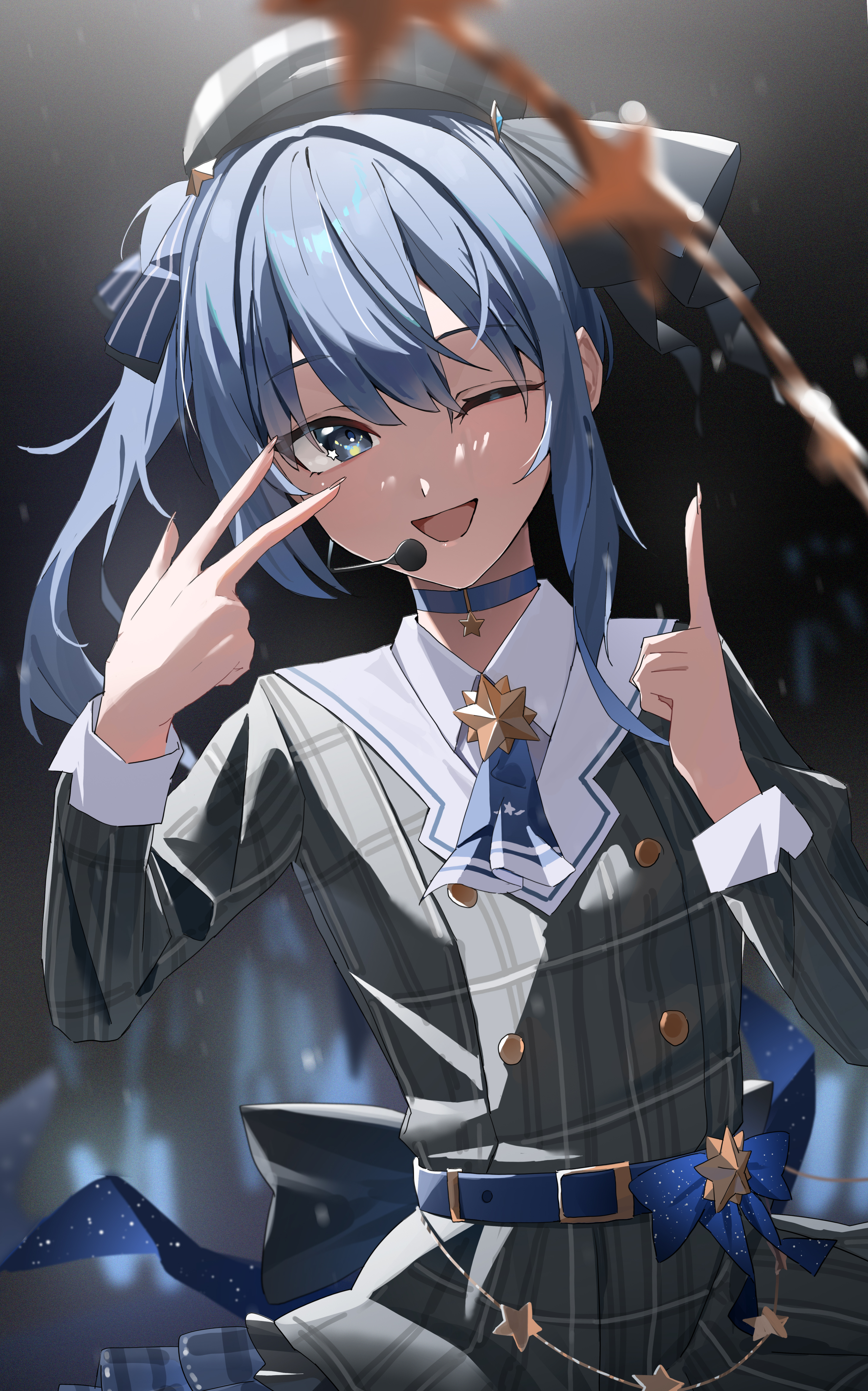 hoshimachi suisei, hoshimachi suisei (1st costume), hololive, absurdres, commentary, highres, 1girl, belt, blue belt, blue bow, blue choker, blue eyes, blue hair, blue ribbon, blurry, blurry background, blurry foreground, bow, checkered clothes, checkered dress, choker, collared shirt, cowboy shot, dress, eyelashes, gaueaul, grey dress, grey hat, hair between eyes, hair bow, hands up, hat, index finger raised, long hair, looking at viewer, microphone, one eye closed, open mouth, ribbon, shirt, sidelocks, solo, star (symbol), star choker, star in eye, star ornament, symbol in eye, v, v over eye, virtual youtuber, white shirt