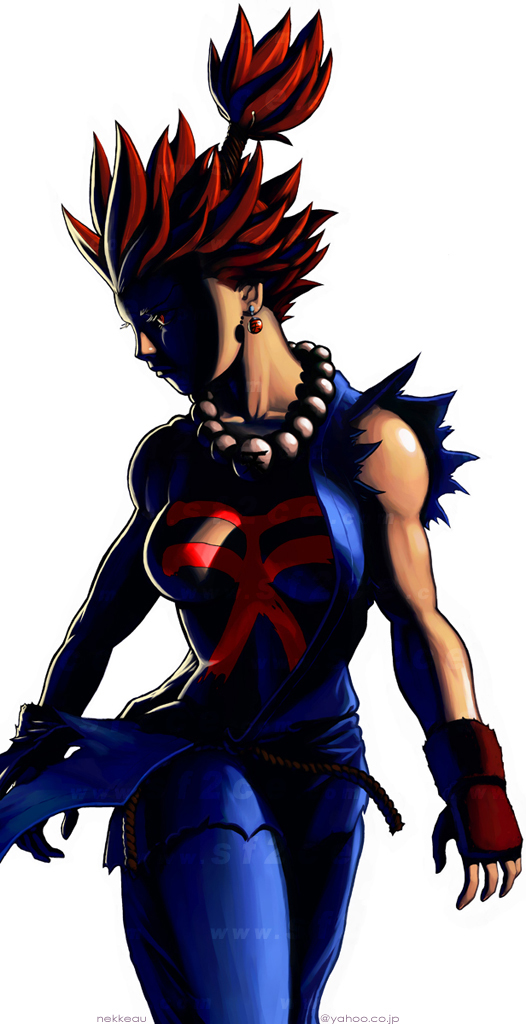 nekkeau, akuma (street fighter), capcom, street fighter, 1girl, breasts, earrings, female focus, fingerless gloves, genderswap, genderswap (mtf), gloves, jewelry, large breasts, red eyes, red hair, solo, watermark, white background